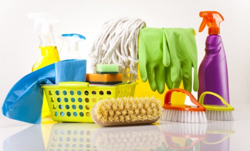 Cleaner using PPE while carrying out carpet cleaning work